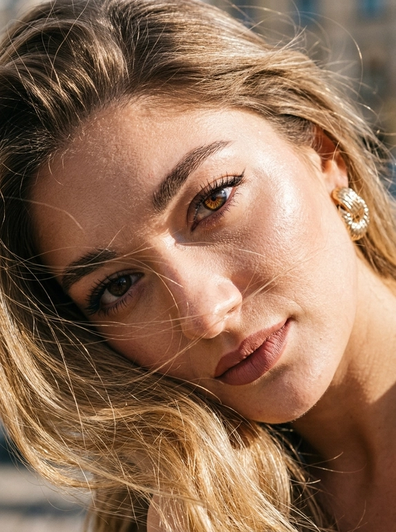 Ультрареалистичная фотография, случайный живой портрет, снятый на iPhone 17 Pro. Эффект настоящего кадра, сделанного в моменте, без постановочности, без фильтров и ретуши.

Внешность полностью сохранена без изменений. Женщина смотрит прямо в камеру. Голова слегка наклонена в сторону и опирается на плечо, плечо частично закрывает лицо. Выражение загадочное, притягательное и естественное.
Волосы активно развеваются ветром, отдельные пряди частично закрывают лицо и глаза, создавая эффект живого случайного кадра. Максимальная детализация отдельных волосков.

Легкий макияж с акцентом на глаза: длинные объемные ресницы, стрелки cat-eye на верхнем веке, идеально оформленные брови. Нюдовая матовая помада оттенка пыльной розы с контуром на тон темнее, влажный хайлайтер на скулах и переносице.

Одежда не видна. Основной акцент на лице, глазах и волосах.

Яркий прямой солнечный свет падает под углом на лицо, интенсивно подсвечивая глаза, подчеркивая глубину радужки, длинные ресницы и естественные блики в глазах. Солнечные лучи создают красивые световые акценты в волосах и на коже.

Естественная текстура кожи с видимыми порами, микрорельефом, легкими несовершенствами, едва заметными капиллярами в глазах. Живая кожа без эффекта пластика. Легкий цифровой шум, характерный для реальной фотографии.

Shot on iPhone 17 Pro, natural light, candid portrait, hyper detailed iris, visible skin pores, realistic skin texture, unedited RAW photo, depth of field, soft highlights, windblown hair, authentic photography, photorealistic, ultra realistic, 8k.
