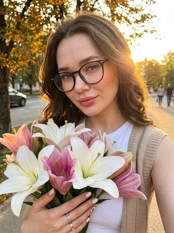 Используй лицо с моей референс-фотографии (face reference), сохрани сходство и узнаваемость на 100% — не менять овал лица, форму носа, бровей, губ, форму и цвет глаз, пропорции лица и тела. Создай реалистичное селфи на фронтальную камеру iPhone 17 Pro, телефон полностью находится за границей кадра. Девушка на улице возле припаркованной машины во время золотого часа. Кадр очень близкий: лицо занимает верхнюю половину фотографии, огромный букет поднимается снизу и частично закрывает свитер и куртку.
Свободной рукой девушка прижимает букет к груди и поддерживает его снизу.Камера расположена немного сверху и сбоку, девушка смотрит в камеру, подбородок слегка опущен. Выражение более игривое: глаза мягко смотрят в объектив, легкое кокетство.
Серое худи. Чёрная кожаная куртка свободно лежит на плечах. Огромные розово-белые лилии подходят практически к самому лицу; несколько лепестков находятся близко к объективу и слегка выпадают из глубины резкости.
Прическа —длинные прямые густые волосы с шелковистой поверхностью; ветер немного разбрасывает передние тонкие пряди по щеке и воротнику.
Макияж — особенно выразительные глаза: ухоженные  брови с хорошо различимыми волосками, чуть затемнённый внешний уголок, тонкая коричнево-чёрная межресничка. Ресницы длинные и воздушные, wispy, с чередованием тонких коротких и более длинных лучиков. Кожа ухоженная , на щеках свежий тёплый розово-персиковый румянец.
Губы  пухлые и чувственные естественные— juicy pink glass lips: мягкий натуральный розовый контур, середина чуть насыщеннее и холоднее, сверху плотный прозрачный блеск с влажными зеркальными бликами.
Маникюр — короткие молочный квалрат. На указательном пальце тонкое серебряное кольцо.
Свет: прямое заходящее солнце идёт сбоку и практически горизонтально. Оно интенсивно освещает лицо, кисть и ближайшие лепестки, формируя золотистые участки и довольно резкие тени. Тень от телефона/руки может слегка попасть на нижний край кадра — оставить её как реалистичную smartphone-деталь. В глазах маленькие яркие солнечные catchlights.
Фильтр: золотистые highlights, слегка бронзовая кожа, глубокие нейтральные тени, насыщенное синее небо. Pink/magenta цветов и губ немного усилены; зелень затемнена и десатурирована. Экспозиция слегка ниже автоматической, highlights сохранены, контраст высокий, но кожа не должна становиться чрезмерно резкой. Очень лёгкая смартфонная мягкость и естественная неоднородность экспозиции.  Букет огромный. Эффект живого кадра. Высокая детализация кожи, ткани,волос и ресниц . Легкий цифровой шум и зернисто. Девушка в очках для зрения, убери серьги, убери кольца,