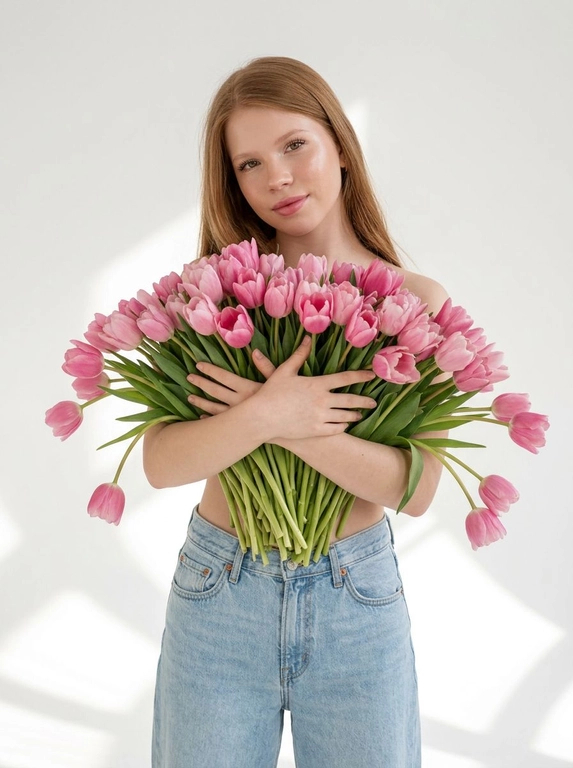 Женщина позирует в на белом фоне. Мягкие тени на стене и полу, ощущение воздуха и пространства. Макияж натуральный: ровный сияющий тон кожи, подчеркнутые ресницы, мягкие розовые губы. Атмосфера кадра — женственность, свежесть, легкость, весеннее настроение. Крупный план по грудь. На ней только светло-голубые широкие джинсы Levi’s с высокой посадкой. Взгляд в камеру, спокойное уверенное выражение лица. Голова немного наклонена вбок.

Какие будут цветы?: Она обнимает большой букет розовых тюльпанов, полностью прикрывая им грудь. Стебли естественно опущены вниз под весом цветов.