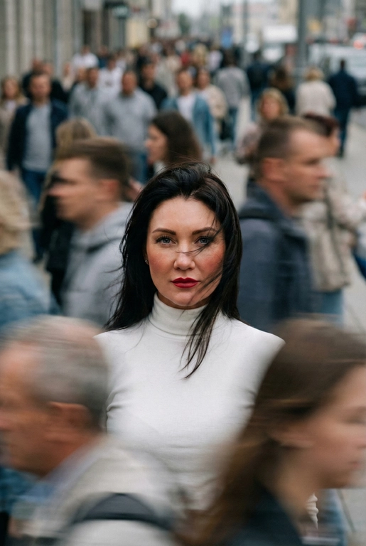  Кинематографичная фотография с эффектом смазанного движения, снятая на Leica SL3 с объективом 50mm Summilux при f/2.8, с фронтального ракурса на уровне груди, с использованием медленной выдержки и панорамирования. Ровный пасмурный дневной свет выступает как мягкий диффузор, позволяя создавать длинные шлейфы размытия без жёсткого контраста. Цветовая тональность — приглушённые бетонно-серые оттенки и нейтральные тона светлой кожи, вдохновлённые фильмами студии A24. Женщина с референса:  волосы застыли в полёте перед лицом, кожа с лёгким румянцем ловит тёплый свет, глаза пронзительно смотрят прямо в камеру, сохраняя неподвижность среди хаоса; губы подчеркнуты насыщенной вишнёво-красной помадой, создающей главный цветовой акцент, на ней сдержанный минималистичный образ. Сотни спешащих прохожих проносятся во всех направлениях, их тела вытянуты в плавные горизонтальные и диагональные размытия. Эмоция — тихий бунт через неподвижность. Эстетика — редакционный покой против хаоса. Постобработка: чистая физика движения, тонкое зерно, без глитчей, без искажений лица и деформаций анатомии. --ar 9:16 -- raw