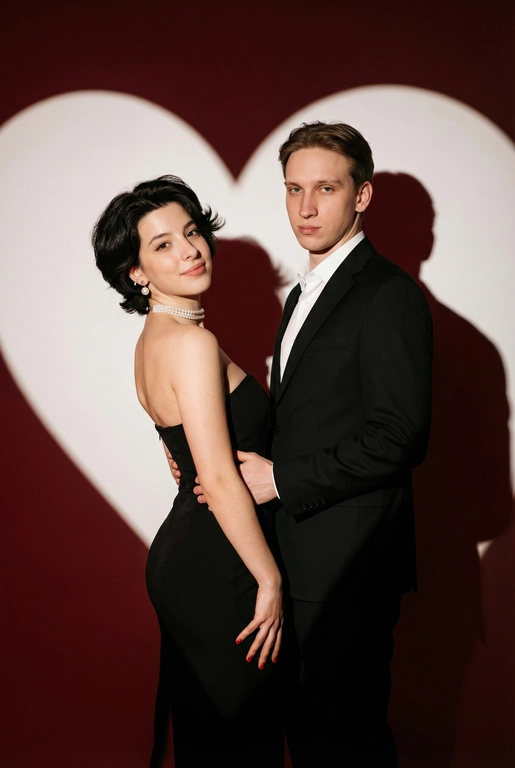 Фотореалистичный редакционный крупный портрет по пояс для пары по референсным фото. Мужчина и женщина позируют вместе, стоят близко. Мужчина одной рукой приобнимает женщину за талию. Фон: тёмно-красный студийный задник, большое белое сердце, проецируемое на стену. Сохранить внешность обоих: реальные черты лица, естественная текстура кожи, реальный цвет и длина волос, без ретуши и изменений. Женщина: облегающее чёрное вечернее платье без бретелей с небольшим разрезом, жемчужный чокер, жемчужные серьги, красный маникюр. Поза в три четверти, спина слегка выгнута, одна рука на поясе или касается руки мужчины. Лёгкая улыбка, взгляд в камеру. Мужчина: чёрный классический костюм, белая рубашка. Прямая осанка, уверенная поза. Взгляд в камеру, легкая улыбка. Свет: драматическое боковое студийное освещение, высокий контраст, чёткие тени на фоне. Композиция: вертикальный кадр по пояс, пара в центре, негативное пространство вокруг сердца. Стиль: фотореализм, модная редакционная съёмка, кинематографическая цветокоррекция (тёплые красные, глубокие чёрные), высокая детализация. Голливудская волна, пробор лёгкий боковой. Верхняя зона чуть приподнята у корней, естественная объемная укладка. Не меняй форму и длину прически исходного фона. Не меняй исходные черты лица женщины и мужчины.