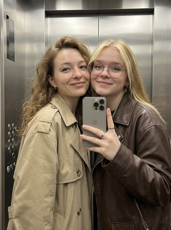 Не меняя черты лица людей с добавленного фото. Ультрареалистичное фото в зеркало на смартфон iPhone 16 Pro Max, цвета титан, двух моделей, позирующих близко друг к другу в современном лифте. Две модели стоят плечом к плечу, лица очень близко к камере, обе делают игривые выражения губами в виде поцелуя. Модель слева: бежевого цвета бейсболка Ralph Lauren с маленьким вышитым логотипом поло, oversized бежевый тренч-жакет с большими пуговицами и широкими рукавами, серьги-гвоздики с бриллиантами, на запястье серебряные часы с большим циферблатом, на пальце кольцо из страз в виде дорожки, макияж с хайлайтером и ресницами с лисьим эффектом. Поза и композиция: обе модели слегка наклоняют головы друг к другу. Окружение: современный просторный лифт. Освещение мягкое внутреннее, равномерно освещает лица. Фото в зеркало на iPhone 16 Pro Max в стиле высокой реалистичности.

Справа мужчина или женщина?: Женщина справа: тёмно-коричневая бейсболка Ralph Lauren с вышитым логотипом, oversized шоколадно-коричневая укороченная кожаная куртка с серебряной фурнитурой и погонами на плечах, серьги-гвоздики с бриллиантами, мягкий глэм-макияж с выраженными скулами, подводкой для глаз и глянцевыми губами. 

Доп. характеристики: Девушке в очках 21 год, девушке с кудрями 27 лет
Фото точь в точь как на шаблоне, но без кепок и с локонами
