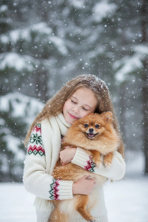 Соответствие лица: сохраняйте точные черты лица, структуру костей, разрез глаз, форму губ, текстуру кожи и оттенок по загруженной фотографии, максимально соответствует индивидуальности] -> Человек с мягкой улыбкой, полузакрытыми от счастья глазами -> нежно обнимает собаку, щека прижата к пушистой шее собаки, обе руки обвиты вокруг груди и шеи собаки, снежинки тают на шерсти и волосах., нежное, любящее выражение лица -> в кремово-белом толстом свитере скандинавской вязки с традиционным красно-зеленым рождественским рисунком на рукавах и воротнике,  в белом вязаном шарфе, свободно повязанном на шее -> на улице в сильный снегопад. В кадре видно морду собаки. Собака породы померанский шпиц.лицо человека подкорректировать не более чем на 1%