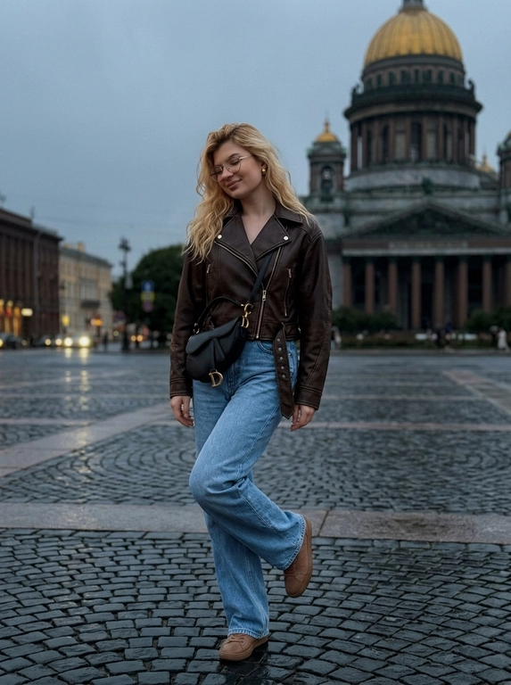 Дорогой lifestyle-момент, но снят случайно, как живой кадр из Pinterest без постановки. Фотореализм, RAW, 8K, пониженная экспозиция, мягкий естественный вечерний тусклый свет, спокойная нейтральная цветовая гамма, без глянцевой обработки. Снято на iPhone 16, с лёгкой естественной зернистостью, живо и атмосферно.

Женщина стоит почти фронтально к камере, корпус слегка развёрнут в сторону. Вес тела полностью перенесён на одну прямую опорную ногу. Вторая нога слегка приподнята над землёй и согнута в колене: колено мягко выведено вперёд к центру силуэта, а голень расслабленно уходит назад по диагонали. Стопа этой ноги не касается земли и не служит опорой. Бёдра слегка смещены в сторону, плечи расслаблены, руки свободно опущены вдоль тела. Поза выглядит лёгкой и естественной, будто женщина на секунду приподняла одну ногу во время прогулки.
Голова немного наклонена вниз и повернута в сторону. Женщина не смотрит в камеру, взгляд направлен вниз. На лице лёгкая спокойная сомкнутая улыбка.

Макияж: кожа сияющая, лёгкий контуринг, острые стрелки, губы нюдово-розового оттенка с блеском. В ушах маленькие серьги-гвоздики.

Женщина показана примерно до уровня ниже колен, чтобы хорошо читалось положение согнутой ноги, и расположена по центру кадра. Сбоку на плече висит маленькая чёрная сумка Dior.

Фон — Санкт-Петербург, на заднем плане вблизи хорошо виден Исаакиевский собор. Камера расположена немного ниже уровня глаз и слегка направлена вверх, подчёркивая архитектуру и силуэт женщины без сильного искажения пропорций. Лёгкое естественное размытие фона, реалистичная текстура кожи и одежды, без эффекта пластика, без сильной ретуши и без ИИ-сглаживания.


Одежда: На женщине короткая кожаная куртка тёмно-шоколадного оттенка с лаконичным современным кроем и светло-голубые свободные джинсы с высокой посадкой. Сбоку на плече висит маленькая чёрная сумка Dior. Образ выглядит расслабленно, дорого и современно, в эстетике casual luxury.

Прическа: Одежда и прическа как на фото