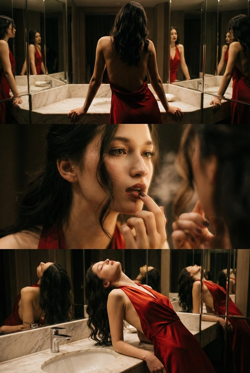 Создай не меняя черты лица. Экстремально реалистичный кинематографичный триптих, как живая серия фотографий из Instagram, снятая в зеркальном туалете дорогого ресторана. Вечер, интимная атмосфера, отражения в зеркалах, приглушённый свет, ощущение роскоши и ускользающего момента. Весь триптих объединён одним образом и единым настроением, с лёгким зерном, как будто кадры сняты в движении, естественно. В верхней части женщина стоит спиной облокотившись на раковину рукой, лицо в тени спина освещена, в отражениях зеркал видна её фигура, на ней одно и то же красное платье с открытой спиной, ткань струится и выглядит дорого, чувственно. Свет мягко скользит по плечам и линии спины, создавая глубокие тени и драматичный силуэт. В средней части экстремально близкий ракурс лица через зеркало, женщина смотрит на своё отражение и поправляет помаду, жест живой и естественный. Лицо частично в фокусе, частично слегка размыто, ощущение движения и дыхания кадра. Пышные ресницы, выразительный взгляд, блики света в зеркале, локоны из пучка падают на лицо, добавляя интимности. В нижней части девушка запрокинула голову и облокотилась о раковину, глаза закрыты, поза расслабленная, уязвимая, словно она на секунду выпала из шумного вечера. Платье то же самое, красное, ткань ловит приглушённый свет, усиливая глубину цвета и теней. Во всех кадрах приглушённое освещение, cinematic lighting, мягкие тени, отражения зеркал, лёгкое зерно и небольшой motion blur без резкой чёткости и глянца. Цвета глубокие, насыщенные, но сдержанные. Общий стиль ультрареализм, кинематографическая эстетика, эффект настоящего Instagram-триптиха, ощущение пойманного момента, живо, чувственно и очень реалистично, как кадры из личного архива.
Не меняй черты лица. Очень длинные изящные волнистые волосы, несколько локонов свободно падают на лицо и шею. 