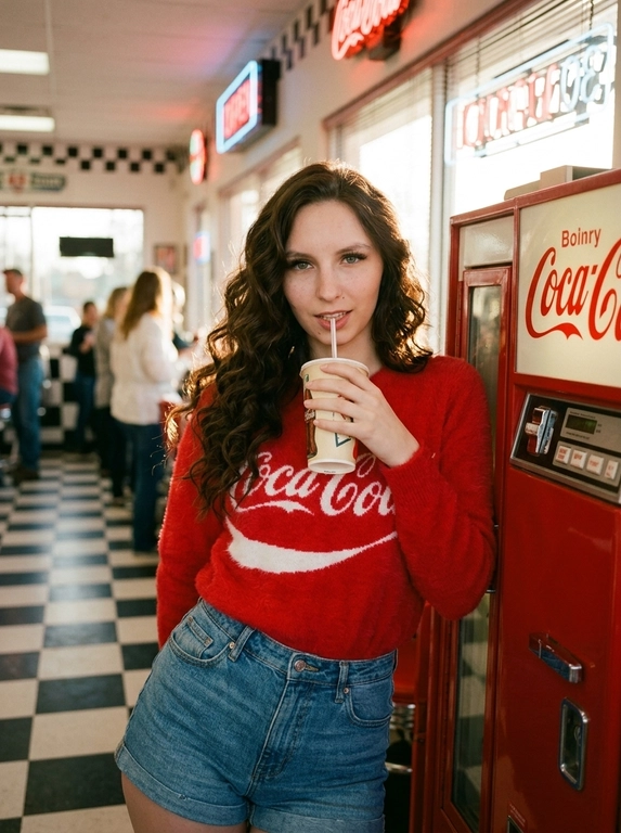 Фотореалистичная lifestyle-fashion съёмка в американской закусочной в стиле 90s retro diner. Модель стоит у ярко-красного автомата с напитками, слегка прислонившись плечом к корпусу. Одна рука поднята к лицу и держит высокий бумажный стакан с трубочкой, вторая расслабленно лежит на талии. Корпус слегка подан вперёд, одно бедро выведено в сторону, создавая красивую S-линию тела. Голова немного наклонена вниз, взгляд исподлобья прямо в камеру, уверенный и притягательный. На ней объёмный пушистый свитер насыщенного красного цвета с крупной винтажной надписью в стиле Coca-Cola, светлые джинсовые шорты с высокой посадкой, потёртостями и необработанным краем, тонкий чёрный ремень.  Макияж мягкий glamour: выразительные ресницы, идеально оформленные брови, лёгкий контуринг, натуральный румянец, сияющая кожа, губы с деликатным сатиновым финишем. Интерьер выполнен в красно-белой палитре: клеточная плитка, большие окна, винтажная атмосфера американского дайнера. Тёплый солнечный свет проникает через окна, смешиваясь с мягким интерьерным освещением, создавая уютные блики на волосах и коже. Реалистичная текстура кожи с видимыми порами, высокая детализация ткани, объёмный ворс свитера, естественные тени и свет. Премиальная fashion-фотография для рекламной кампании одежды, высокая детализация, кинематографичная цветокоррекция с тёплыми красными и карамельными оттенками.

Какая будет укладка?: Волосы густые, объёмные, уложены крупными естественными волнами, свободно ниспадают на плечи и спину.