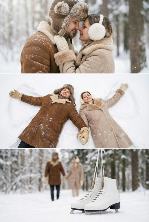   Зимняя фотосессия пары в заснеженном лесу. Мягкий дневной свет, лёгкий снегопад, холодная зимняя дымка. Она —в светло‑коричневой/бежевой дублёнке с видимым меховым воротником и манжетами и пушистых наушниках. Он — в коричневой дублёнке с меховыми манжетами, шапка- ушанка и светло-серый шарф. Атмосфера спокойная, романтичная, натуральный зимний пейзаж без лишнего декора. 

На одежде видны снежные хлопья, вещи выглядят мягкими и тёплыми.

Коллаж из трёх горизонтальных зимних кадров 

На верхней панели: Сверхкрупный план, их лбы/носы соприкасаются в нежном, интимном жесте. Ощущение близости и уюта.

На среднем панели:  Вид сверху на пару, они лежат на спине и делают снежного ангела, раскинутые руки, она в кремовых вязаных варежках, он в бежевых кожаных перчатках.

На нижней панели: Крупный план детали: белые классические фигурные коньки на фоне пары