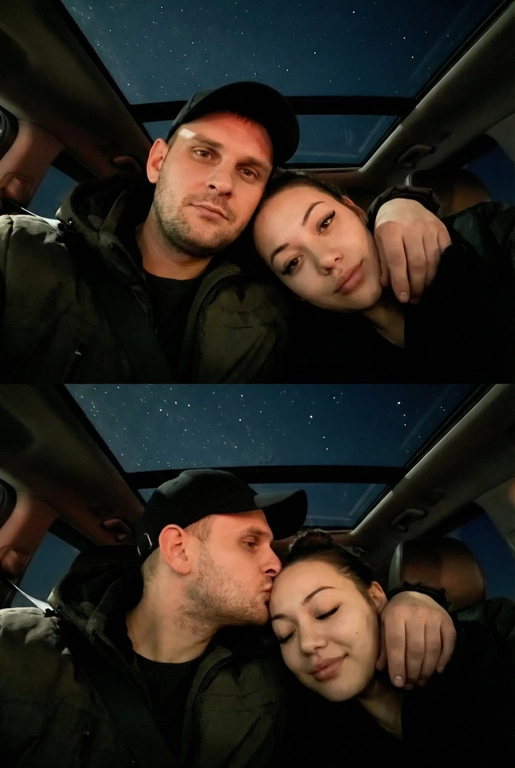 Создай вертикальный коллаж из двух фотографий в одном стиле.
Обе фотографии сняты внутри автомобиля, а через стеклянную крышу видно темное звёздное небо. Фото темное, снято на телефон, Атмосфера тёплая, уютная и романтичная. Фотографии должны быть реалистичными, с мягким освещением, естественными оттенками кожи и одинаковой цветокоррекцией на обеих частях коллажа.
Верхнее фото:
POV селфи: пара лежит рядом, крупный план. Мужчина в тёмной куртке и чёрной бейзболке смотрит в камеру. Женщина лежит, опираясь головой на его плечо, тоже смотрит в камеру. Мягкий свет на лицах, спокойные выражения.Акцент на лица.
Нижнее фото:
Та же композиция и ракурс. POV селфи: Мужчина нежно целует женщину в висок, женщина закрывает глаза с лёгкой улыбкой. Крупный план, фокус на эмоциях. Акцент на лица.