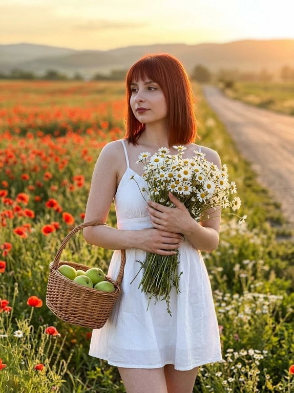 Ультрареалистичное лайфстайл-фото, снятое как на iPhone 17 Pro, загородная дорога уходящая в перспективу среди цветущих маковых полей на закате, тёплый золотой свет, мягкий контровый свет по контуру тела, естественное боке на заднем плане, лёгкая дымка в воздухе, женщина в кадре по бёдра, полуоборот 3/4 влево, корпус прямой, плечи расслаблены и опущены, правое бедро слегка отведено назад создавая естественную линию тела, подбородок немного приподнят, взгляд направлен в сторону солнца, спокойное мечтательное выражение, у груди большой живой букет ромашек, правая рука мягко обнимает букет, левая держит стебли снизу, в другой руке плетёная корзинка с зелёными яблоками, лёгкое короткое платье на тонких бретелях с воздушной юбкой слегка движущейся от ветра, натуральный макияж с мягкими бежевыми тенями, тонкой чёрной стрелкой, длинными густыми ресницами и винным тинтом на губах, живая текстура кожи, естественный закатный свет с тёплыми бликами и мягкими тенями без жёстких провалов, натуральные цвета с лёгкой тёплой тональностью, минимальная обработка без ретуши кожи, максимальный реализм, лёгкая глубина резкости, фокус на лице и букете, фон мягко размывается


Цвет платья: Белое