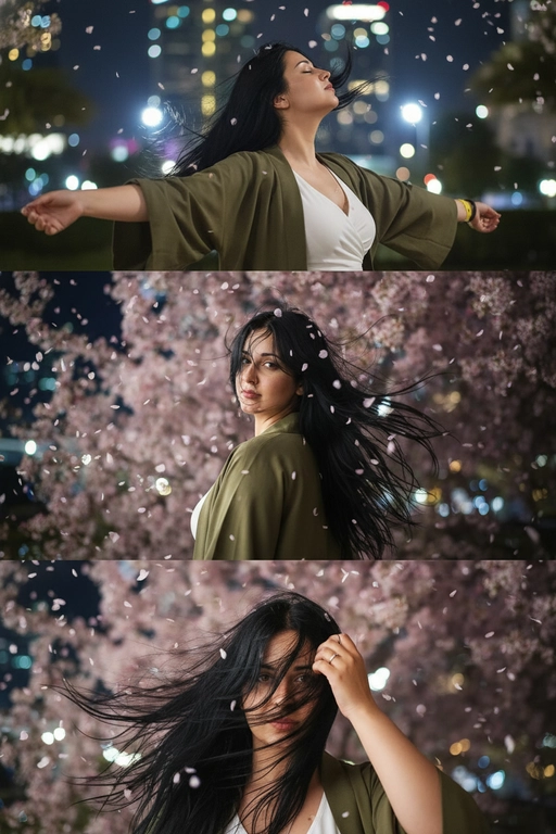 Не меняй черты лица, оставь их точь в точь как на загруженном фото. Фото в стиле триптиха, на котором изображена женщина в ночном городе.

На верхней панели изображена женщина по грудь, в профиль, расположенная в правой части кадра. Она запрокинула голову назад и закрыв глаза будто смотрит в небо разведя руки в стороны. Ее волосы развеваются на ветру закрывая лицо. На заднем плане ночной город полный ярких фонарей, где спокойно и нет людей, в небе развиваются от ветра листья сакуры . 

На средней панели изображена всё та же женщина со спины, смотрящая в кадр. На фоне все усыпано лепестками сакуры и они почти полностью перекрывают ночной город. Её волосы сильно развеваются на ветру в них запутались лепестки сакуры . 

На заднем плане нижней панели, крупным планом, изображено лицо всё той же женщины, частично скрытое развевающимися на ветру волосами в них немного лепестков сакуры, которая смотрит прямо на зрителя. Правой рукой она придерживает волосы, демонстрируя белое обручальное кольцо. 

Ночной Город и небо создают нейтральный, угрюмый фон для фотографии в натуралистическом стиле и при мягком освещении. Использовать лицо с фото на 100% , не изменяя черты лица. На девушке - белый топ и оливковое хаори в японском стиле.