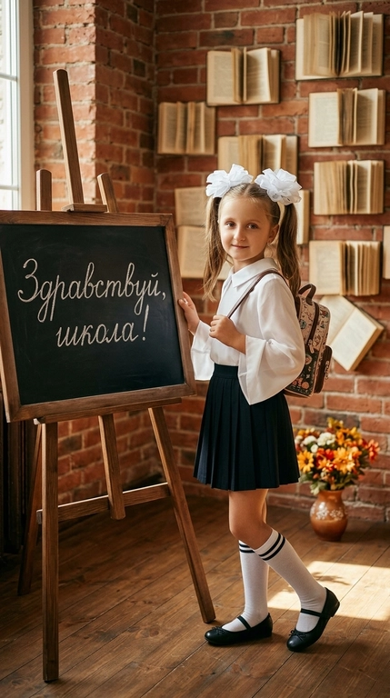 Фотореалистичный праздничный школьный портрет. Ребёнок стоит в полный рост в уютном школьном интерьере с кирпичной стеной, деревянным полом и большими открытыми книгами, размещёнными на стене и вокруг. Слева от ребёнка деревянный мольберт с большой тёмной школьной доской, на которой белым мелом каллиграфически написано «Здравствуй, школа!».

Ребёнок стоит слегка боком к камере, корпус развёрнут к доске, одной рукой придерживает лямку красивого небольшого школьного рюкзака, висящего на одном плече, а второй рукой слегка касается края доски. Голова повернута к камере, взгляд прямой, на лице живая мягкая улыбка.

В другой части кадра небольшая керамическая ваза с яркими осенними цветами. Тёплый мягкий свет из окна, уютные золотисто-коричневые оттенки, естественные тени, лёгкое боке, натуральная текстура кожи, волос, ткани, дерева и кирпича, мягкая плёночная зернистость, тёплая cinematic color grading, реалистичная фотография, высокая детализация.

Пол ребенка: На девочке нарядная белая шифоновая блузка с широкими рукавами и аккуратным воротником, тёмная плиссированная юбка, белые гольфы с тёмными полосками и чёрные балетки.  Волосы собраны в два высоких хвостика с крупными белыми шифоновыми бантами. Волосы собраны в два высоких хвостика с крупными белыми шифоновыми бантами.