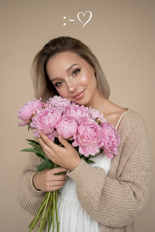 Нежный естественный портрет женщины, смотрящей в камеру и мягко улыбающейся. Она держит большой букет розовых пионов близко к груди. Уютное романтическое настроение. Белое платье, бежевый вязаный кардиган. Эффектный макияж на лице:  бежевые тени с лёгким мерцанием, длинные объемные ресницы, сияющий хайлайтер на скулах и кончике носа, блеск на губах,  легкий розовый румянец, сияющая кожа, нежная женская красота. 

Нейтральный бежевый фон. Мягкий рассеянный дневной свет, малая глубина резкости, кинематографическое боке. Стиль редакционной фотографии, теплая пастельная цветовая палитра, высокая детализация, реалистичная текстура кожи, эффект объектива 85 мм, f/1.8, лайфстайл-фотография. Наверху поверх фото белым красивым рукописным шрифтом с завитками написано:  : -  ❤️
