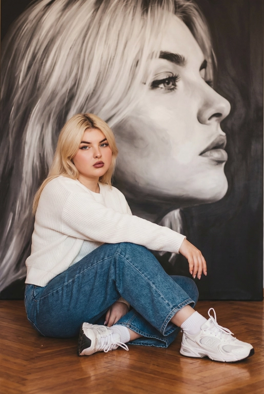   Максимально сохранить внешность, причёску и длину, как на фото.
Женщина должна сидеть на полу в изящной позе, в современном белом джемпере , в широких джинсах и белых носках и белых  кроссовках New Balance.

Её волосы как на фото
Выражение лица, как на фото, она смотрит на камеру .

Фон — тот же её профиль, в мягком крупном чёрно-белом художественном стиле, крупный план сбоку.

Композиция должна быть художественной, мягкой, реалистичной.
Создай изображение, которое выглядит как настоящая фотография.
