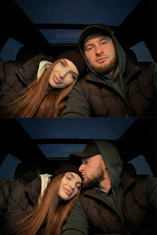 Создай вертикальный коллаж из двух фотографий в одном стиле.
Обе фотографии сняты внутри автомобиля, а через стеклянную крышу видно темное звёздное небо. Фото темное, снято на телефон, Атмосфера тёплая, уютная и романтичная. Фотографии должны быть реалистичными, с мягким освещением, естественными оттенками кожи и одинаковой цветокоррекцией на обеих частях коллажа.
Верхнее фото:
POV селфи: пара лежит рядом, крупный план. Мужчина в тёмной куртке и чёрной бейзболке смотрит в камеру. Женщина лежит, опираясь головой на его плечо, тоже смотрит в камеру. Мягкий свет на лицах, спокойные выражения.Акцент на лица.
Нижнее фото:
Та же композиция и ракурс. POV селфи: Мужчина нежно целует женщину в висок, женщина закрывает глаза с лёгкой улыбкой. Крупный план, фокус на эмоциях. Акцент на лица.