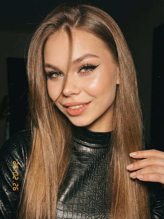  

.Фото девушки в стиле «высокой моды». Волосы длинные прямые Элегантный макияж глаза с длинными острыми черными стрелками, длинные густые ресницы эффект лучики, нижние ресницы накрашены Хайлайтер во внутренних уголках и скулах\\\\\\\\\\\\\\\. Пухлые губы 
Девушка игриво улыбается , блеск  локон волос падает на лицо
На ней чёрный топ с горлом сделан под кожу крокодила \\\\\\\\\\\\\\\.  \\\\\\\\\\\\\\\.
Высокая детализация текстур кожи, одежды и волос\\\\\\\\\\\\\\\. Фон затемнен его не видно но он темный\\\\\\\\\\\\\\\. Ногти нюдовый квадрат\\\\\\\\\\\\\\\. Черты лица\\\\\\\\\\\\\\\-полностью сохранены как на референсном фото\\\\\\\\\\\\\\\.
Не меняй черты лица и цвет волос\\\\\\\\\\\\\\\.
разрешение: 4K\\\\\\\\\\\\\\\.
Не меняй черты лица
Свет мягкий, тёплый, с лёгкой зернистостью и винтажным оттенком — ощущение обработанного снимка в стиле ленты плёнки; по нижнему левому краю есть жёлтая цифровая дата 25\\\\\\\\\\\\\\\.02\\\\\\\\\\\\\\\.26 временная метка\\\\\\\\\\\\\\\. В целом композиция выглядит как модная, слегка провокационная и стилизованная фотосессия\\\\\\\\\\\\\\\.Высокая детализация 4к, фото сделано на iPhone 17 Pro Max вспышкой, размер фото девять на 16