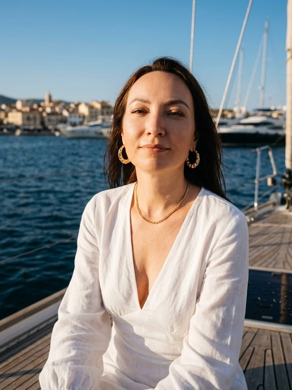 Фотореалистичное фото на яхте в золотой час. Камера: full frame, 85mm, f/2.2, ISO 100, 1/1000. Женщина сидит на яхте у воды, корпус фронтально, плечи слегка расслаблены, голова чуть поднята вверх, взгляд направлен в камеру из-под ресниц, выражение нежное, спокойное, лёгкая улыбка. Кадр по плечи.  Украшения: крупные золотистые серьги и короткая золотистая цепочка на шее. Фон: тёмно-синяя вода, яхты, светлый прибрежный город вдали, чистое голубое небо. Свет тёплый, жёсткий солнечный, средиземноморская летняя editorial-эстетика, живая детализация кожи и ткани.

Какое будет платье?: На ней белое лёгкое платье с длинными рукавами, глубоким V-вырезом.