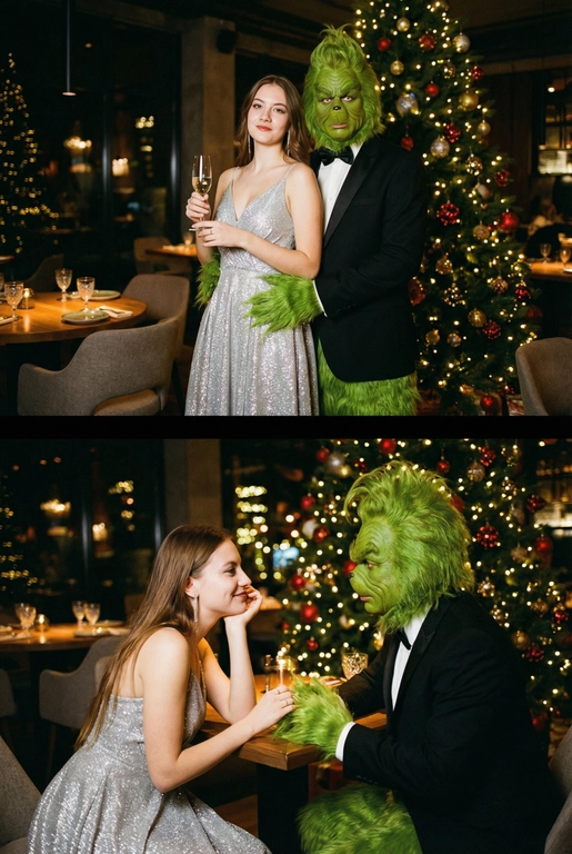 Создай 2 фото, одно под другим. У всех фото фон - темный, дорогой ресторан, видна рождественская елка. Снято на пленочный фотоаппарат, зернистость. Атмосфера ретро, 90-е годы. Верхнее фото: Женщина изящно позирует в серебристом блестящем вечернем платье с бокалом в руке, рядом со ней стоит Гринч в смокинге и приобнимает ее за талию. Нижнее фото: ракурс боковой, женщина и Гринч сидят друг на против друга за столиком в ресторане, женщина в серебристом блестящем вечернем платье, Гринч в смокинге. Живое фото, женщина томно улыбается, он смотрят друг другу в глаза. Не меняй внешность человека, не добавляй никаких рамок и расстояний между фото.