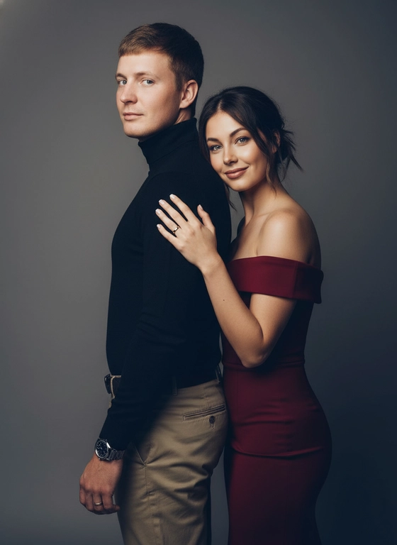 Фотография в студийном стиле, с приглушенным серым фоном. Атмосфера спокойная и элегантная.

На снимке двое людей: мужчина и женщина. Мужчина стоит прямо, боком к камере, одет в темную водолазку, на нем брюки цвета хаки. На его руке видны часы. Женщина прислонилась к его спине, смотрит в камеру с легкой улыбкой. На ней надето облегающее платье винного цвета с открытыми плечами.  На пальце у обоих обручальное кольцо.

Цветовая гамма приглушенная, преобладают оттенки серого, черного и винного. Освещение мягкое, акцентирующее внимание на лицах.
Не менять черты лица.