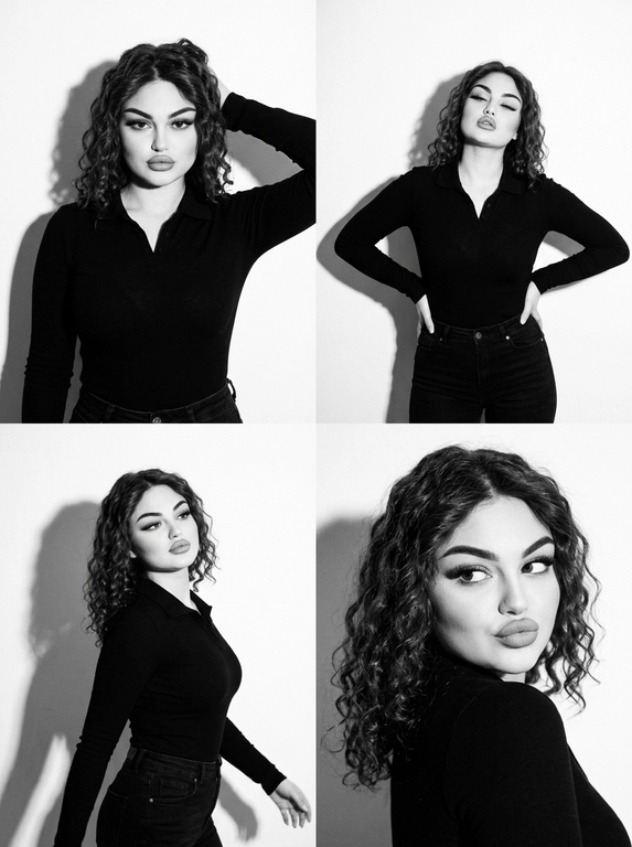 Коллаж ч/б, коллаж 2×2 из 4 ультрареалистичных фото. Стиль: ч/б, high contrast, эстетика плёнки 90-х (Pentax K1000 + Kodak Tri-X 400), заметное film grain. Свет: жёсткий студийный flash, чёткая тень на белой стене. Локация: минималистичная студия, белый фон. Модель: та же женщина (внешность не менять). Одежда: чёрный облегающий лонгслив-поло + чёрные джинсы. Макияж: matte sculpted — контуринг, пухлые губы с карандашом, густые ресницы, высокая детализация лица. Кадры: 1. верх-лево — портрет по грудь, рука за головой, прямой уверенный взгляд (Vogue 1995 vibe). 2. верх-право — план по бёдра, руки на талии, изогнутый корпус, голова назад или вбок, half-closed eyes. 3. низ-лево — полупрофиль в движении, разворот головы и корпуса, dreamy взгляд в сторону, тень профиля. 4. низ-право — close-up, голова к плечу, игривый взгляд исподлобья, фокус на глазах и губах. Не менять лицо и цвет волос. Фото сделано на iPhone 17 Pro Max со вспышкой.


Какая будет прическа?: Волосы уложены в локоны.