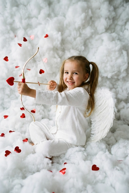 Использовать реальные черты лица человека с референса, естественную текстуру кожи и настоящий цвет и длину волос. Личность должна оставаться неизменной.

Y2K. Сказочная сцена с купидоном, сфотографированная как реальный момент.
Человек сидит среди плотных, пушистых белых облаков, которые полностью заполняют передний, средний и задний план, образуя бесшовную белую среду с многослойной глубиной.

Поза вполоборота: корпус слегка повернут вбок, одно плечо выдвинуто вперед, как будто человек натягивает и отпускает небольшой лук с красной стрелой в форме сердца; руки подняты с легким напряжением, указывающим на движение при выстреле.

Несмотря на поворот тела, голова повернута к объективу, взгляд направлен прямо в камеру. Выражение лица радостное и игривое, с мягкой улыбкой.

Наряд — простая белая пижама: свободная рубашка и брюки из муслина.
На спине — крылья из белых перьев, настоящие и фактурные, с четкими бликами по краям каждого пера.

Вокруг объекта в воздухе хаотично летают только конфетти в форме сердечек — маленькие красные сердечки из глянцевой фольги, расположенные на разном расстоянии: часть в переднем плане, часть растворяется среди облаков.

Без рассеянного света, без мягкого свечения, без студийного глоу.
Текстура кожи реалистичная и детализированная, без сглаживания и без фильтров.
Тонкая зернистость, волшебное, но искреннее ощущение Y2K-редакции — выглядит как фотография, а не визуализация.
