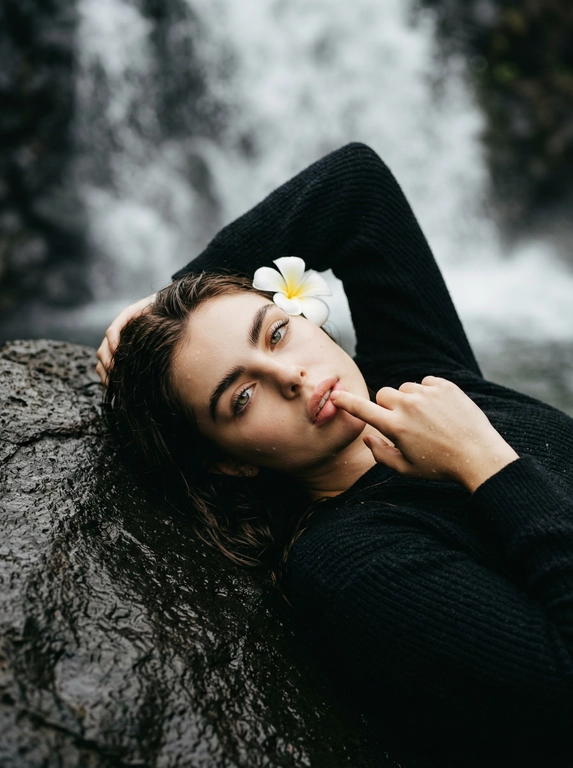 Preserve the woman’s appearance from the reference 1:1. На этом высокохудожественном снимке запечатлена женщина, лежащая в расслабленной и грациозной позе на поверхности мокрого, темного базальтового камня. Композиция кадра выстроена по диагонали, где фигура модели занимает центральное пространство, гармонично вписываясь в природные изгибы скалы. Одна рука женщины мягко заведена за голову, создавая эстетичный изгиб, в то время как пальцы другой руки замерли в едва уловимом микрожесте, нежно касаясь нижней губы, что придает образу глубину и задумчивость. В ее волосах, пропитанных водяной пылью, закреплен крупный белый цветок плюмерии с ярко-желтой сердцевиной, выступающий главным светлым акцентом. На ней надет черный вязаный свитер с выраженной фактурой крупной петли, детализация которой позволяет разглядеть каждый узел нити. Фон представляет собой мощный, намеренно размытый водопад, чьи пенящиеся струи создают эффект мягкого боке и наполняют пространство ощущением свежести и динамики. Освещение естественное, рассеянное и мягкое, исходящее сверху, что характерно для тропического леса в пасмурный день; оно бережно подчеркивает скульптурность лица, полностью исключая резкие тени. Цветовая палитра строится на строгом контрасте глубокого черного, графитового и приглушенно-зеленого с натуральными оттенками кожи. Макияж выполнен в стиле «нюд» с акцентом на густые, разделенные ресницы, а ногти имеют безупречную форму и естественный маникюр. Тонкая золотая цепочка на шее и лаконичные серьги едва заметно мерцают, дополняя образ. Мельчайшие капли воды искрятся на коже, подчеркивая влажность атмосферы, а текстура камня детализирована до мельчайших трещин. Атмосфера снимка пропитана спокойствием, уединением и природной чистотой. All micro-details of the skin are rendered with hyper-realistic precision. [3:4], waist, high-angle, 85mm, Sony Alpha 7R V.
