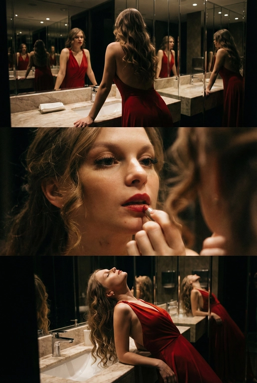 Создай не меняя черты лица. Экстремально реалистичный кинематографичный триптих, как живая серия фотографий из Instagram, снятая в зеркальном туалете дорогого ресторана. Вечер, интимная атмосфера, отражения в зеркалах, приглушённый свет, ощущение роскоши и ускользающего момента. Весь триптих объединён одним образом и единым настроением, с лёгким зерном, как будто кадры сняты в движении, естественно. В верхней части женщина стоит спиной облокотившись на раковину рукой, лицо в тени спина освещена, в отражениях зеркал видна её фигура, на ней одно и то же красное платье с открытой спиной, ткань струится и выглядит дорого, чувственно. Свет мягко скользит по плечам и линии спины, создавая глубокие тени и драматичный силуэт. В средней части экстремально близкий ракурс лица через зеркало, женщина смотрит на своё отражение и поправляет помаду, жест живой и естественный. Лицо частично в фокусе, частично слегка размыто, ощущение движения и дыхания кадра. Пышные ресницы, выразительный взгляд, блики света в зеркале, локоны из пучка падают на лицо, добавляя интимности. В нижней части девушка запрокинула голову и облокотилась о раковину, глаза закрыты, поза расслабленная, уязвимая, словно она на секунду выпала из шумного вечера. Платье то же самое, красное, ткань ловит приглушённый свет, усиливая глубину цвета и теней. Во всех кадрах приглушённое освещение, cinematic lighting, мягкие тени, отражения зеркал, лёгкое зерно и небольшой motion blur без резкой чёткости и глянца. Цвета глубокие, насыщенные, но сдержанные. Общий стиль ультрареализм, кинематографическая эстетика, эффект настоящего Instagram-триптиха, ощущение пойманного момента, живо, чувственно и очень реалистично, как кадры из личного архива.
Не меняй черты лица. Очень длинные изящные волнистые волосы, несколько локонов свободно падают на лицо и шею. 