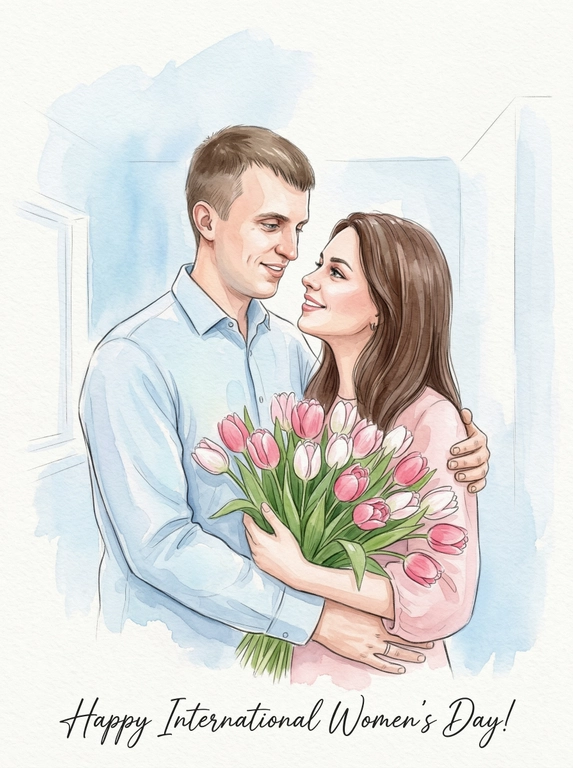 Создай Акварельный портрет к 8 Марта со всеми людьми из предоставленных фотографий. Стиль — мягкая современная живописная иллюстрация, с ощущением тепла, света и искренности. Все люди размещены в центре композиции, средний план, акцент на эмоциях и взаимодействии. Фон — светлый, минималистичный, выполненный в мягкой акварельной или живописной технике с нежными голубыми и белыми разводами. Лица сохранить максимально похожими на оригинальные фотографии, без изменения черт лица, возраста и эмоций, реалистичное сходство с аккуратной художественной стилизацией без искажений. Одежда — лёгкая, современная, в нежных пастельных тонах. В руках у одного из персонажей — большой букет свежих розовых и белых тюльпанов. Главный акцент — на людях, их близости и тёплом взаимодействии. Цветовая палитра светлая, весенняя, пастельная, мягкое естественное освещение. Атмосфера нежности, любви и семейного тепла. Внизу добавить изящную рукописную надпись. 

Какая будет надпись?: Текст снизу: "С международным женским днём!"