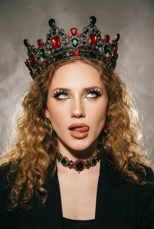 Создай фото -детальное описание художественного портрета девушки, выполненного в популярной современной эстетике, сочетающей элементы «е-qirl» и стиля «rebellious royalty» (бунтарская королевская особа).
:Центральный образ и внешность:
• Лицо и поза: Девушка позирует в дерзкой и провокационной манере.
Её глаза закатаны (или направлены сильно в сторону и вверх), а кончик языка слегка высунут. Это создает образ, сочетающий в себе игривость, бунт и некоторую отрешенность.
Элегантный макияж глаза с длинными острыми черными стрелками, длинные густые ресницы эффект лучики, нижние ресницы накрашены, хайлайтер во внутренних уголках и скулах.
Пухлые полностью прокрашенные телесной матовые губы слегка приоткрыты легкий блеск и светло-коричневый карандаш по краям. персиково-розового оттенка.
Не меняй мою прическу. 
Корона: На голове массивная высокая корона в винтажном стиле. Она украшена сложным филигранным узором и крупными драгоценными камнями: по центру расположен большой квадратный красный камень (рубин), по бокам - камни зеленого (изумруд) и черного цветов. Корона сидит немного небрежно, подчеркивая неформальность образа.
Ожерелья:
На шее надет чокер, выполненный в одном стиле с короной - цепочка с круглыми красными камнями в оправе. В ушах серьги по такому же типо как корона •
Фон: Нейтральный, дымчато-серый или слегка туманный. Он лишен деталей, что позволяет полностью сфокусировать внимание на ярких аксессуарах и лице модели.
Освещение и обработка: Свет мягкий, рассеянный. Фотография имеет характерную обработку с эффектом «зернистости» (пленочное зерно), что придает ей винтажный и художественный вид.
Цветовая гамма теплая, с акцентом на золото и красный цвет.
Общее впечатление:
Снимок транслирует идею современной интерпретации власти и красоты. Это противопоставление классического символа величия (короны) и современного неформального поведения.
Образ выглядит стильно и кинематографично и запоминающе, сильная вспышка. Корона черного цвета.