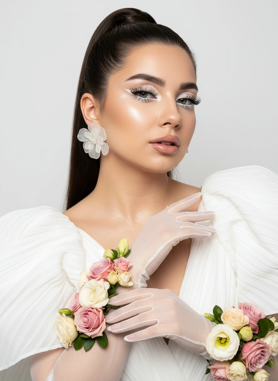 Создай крупный портрет, не меняя черты лица. Крупный
"высокой моды". Элегантный макияж глаз с длинными острыми белыми двойными изогнутыми
стрелками, длинные густые ресницы эффект
лучики, нижние густо ресницы накрашены белым и белый каял карандаш на нижнем веке белый Хайлайтер во внутренних уголках и скулах. Пухлые губы слегка приоткрыты в легкой ухмылке в легком блеске. Тело и
декольте подсвечены хайлайтером и шимером
На ушах сережки объемные полупрозрачные цветы белые Высокая детализация текстур кожи, одежды и волос.  ее
﻿﻿лицо освещено ярким белым светомизящный кадр с нежным светом, мягко обволакивающим фигуру и подчеркивающим пышные складки белого платья из тонкой плиссированной ткани, создающей легкость.  В длинных полупрозрачных перчатках, добавляющих изысканности и загадочности. По запястьям из под перчаток  и предплечьям живые цветы — розовые и кремовые бутоны, эустомы , листья, контрастирующие с кожей и блеском перчаток. Лицо обращено к камере, взгляд вниз, выражение спокойствия и мечтательности, с влажной загорелой кожей . Равномерно светлый нейтральный фон акцентирует фигуру и детали, тени размыты, создавая атмосферу тепла и уюта. Композиция сосредоточена на верхней части тела и руках, подчеркивая грациозность и изящество, фотореалистичное изображение, высокая детализация, 8K. Высокая контрастность , волосы темные  со манные в длинный объемный высокий хвост. В ушах белые воздушные серьги из светлых цветов . Девушка смотрит прямо в камеру.