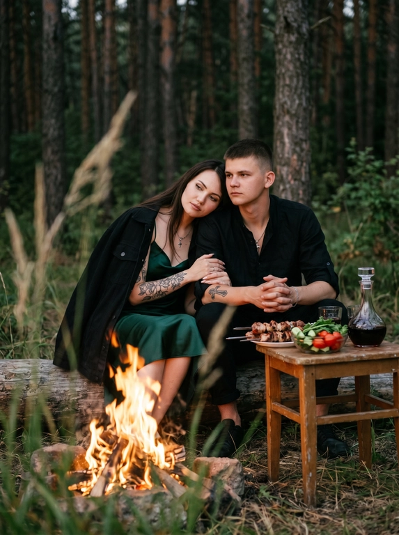 Мужчина и женщина сидят на природе у костра рядом с небольшим столиком, на котором овощи, шашлык, графин с напитком и два стакана. Они находятся в лесу, сидят на бревне. Женщина положила голову на плечо мужчине, оба смотрят на костёр. Фото слегка смазанное. Женщина одета в атласное платье-комбинация на тонких лямках, а поверх накинут мужской черный пиджак. Мужчина в чёрной льняной рубашке с закатанными рукавами. На переднем плане сбоку частично размытая трава вне фокуса, создаёт эффект движения. Кинематографический эффект с добавлением зерна. Не меняй черты лица.