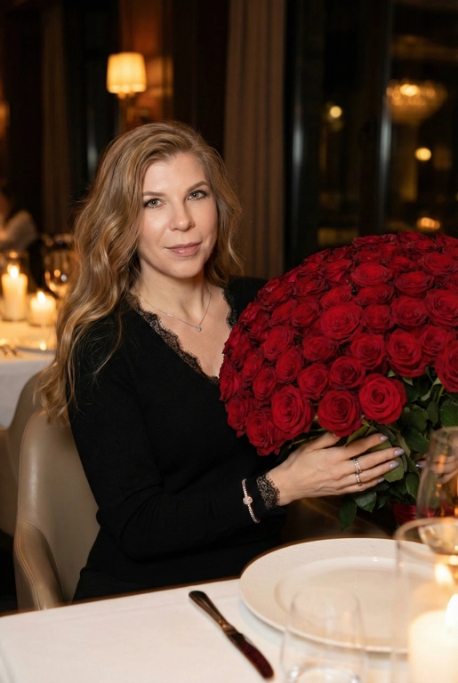 Женщина в дорогом ресторане сидит за сервированным столиком. Не меняй внешность, цвет волос и стрижку. Темное фото, теплые огни. В руках у нее огромный букет из 51 красной розы. Спонтанное фото в движении, немного смазано. Гламурный, но естественный макияж, серебряный браслет на руке, кольца, нежный маникюр. На шее тонкая серебряная цепочка и маленький кулон. Она смотрит в камеру, легкая улыбка. Она одета в черный кашемировый тонкий лонгслив с V-образным вырезом, отделанным тонким кружевом на воротнике и манжетах.