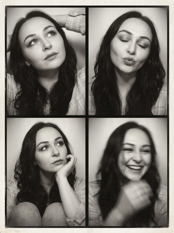 Photorealistic black-and-white vintage photobooth collage made of four frames in a 2x2 grid, separated by thin black dividers and surrounded by a slightly uneven paper border. Each frame shows the same woman in an intimate studio/photobooth setting against a plain light backdrop, captured with an authentic analog look: heavy film grain, soft contrast, halation, dusty scan artifacts, subtle scratches, and mild vignetting. Overall feel: 1990s/ early-2000s editorial photobooth print, raw and unretouched, candid "caught-between-moments" mood.
Use the uploaded photo as the basis and preserve the woman's face, makeup, likeness, and all original features without changing proportions or shape; keep natural facial micro-detail, pores, and subtle asymmetry, preserve the original head size.
Frame 1 (top-left): tight close-up, head tilted up and to the left, eyes looking upward, one arm raised behind the head, dreamy
Frame 2 (top-right): medium close-up, eyes closed, head slightly tilted, she subtly pushes/pouts her lips forward to show them (soft pout), calm playful mood; hair framing the face.
Frame 3 (bottom-left): medium close-up, seated with knees softly out of focus at the bottom, chin resting on one hand, gaze looking up to the right, thoughtful expression.
Frame 4 (bottom-right): medium close-up, the woman is laughing, but the frame is strongly blurred-heavy motion blur/defocus as if she moved during the shot; smile and face still recognizable, edges smeared, hair and hands noticeably streaked, imperfect photobooth misfire energy.
Print/scan look: monochrome with warm gray tones, slightly faded blacks, uneven exposure between frames, faint light leaks, paper texture visible, edges not perfectly straight, like a scanned photobooth print. High resolution, but intentionally imperfect, analog realism.