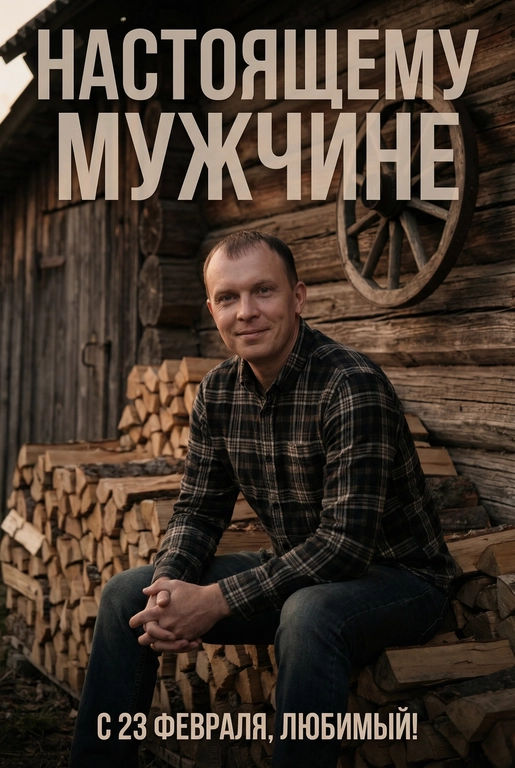 Создай открытку, не меняя внешности персонажа. Не меняй возраст, черты лица и пол человека. Кинематографичный фронтальный портрет человека на улице, в мягком сумеречном свете, создающем тёплую, слегка мрачную атмосферу. На заднем плане — бревенчатая стена старого дома, большая аккуратная поленница и подвешенное деревянное колесо от телеги.

Человек сидит на дровах, слегка наклонившись вперёд. На нём тёмная клетчатая фланелевая рубашка с длинными рукавами, застёгнутая почти до верха, и тёмные джинсы. Мягкая улыбка. Руки сложены перед собой. Цветовая гамма — тёплая, землистая: коричневые, серые и приглушённо-зеленые тона, напоминающие деревенский стиль и природную среду. Мягкие тени, высокая детализация, реалистичная текстура дерева и ткани.

Наверху по центру крупный текст: НАСТОЯЩЕМУ МУЖЧИНЕ.
Шрифт — жирный, полупрозрачный, минималистичный, все буквы заглавные.


Внизу по центру подпись: С 23 ФЕВРАЛЯ, ЛЮБИМЫЙ!