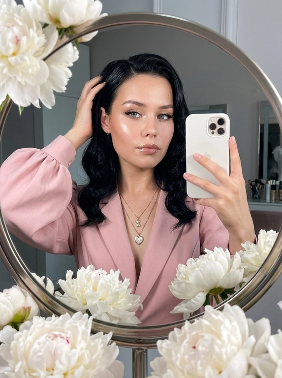 Максимально реалистичное селфи в зеркале в эстетике luxury soft glam. Модель стоит перед круглым зеркалом с изящной рамой, украшенной белыми живыми пионами. Цветы обрамляют зеркало нежно и дорого, создавая ощущение утончённого, премиального кадра. Композиция чистая и визуально собранная: модель находится в центре отражения, кадр выглядит эстетично, дорого и современно.

Поза естественная и уверенная: одной рукой модель держит современный смартфон, второй рукой слегка касается волос, создавая живой и непринуждённый жест. Селфи выглядит не постановочным, а как красивый спонтанный кадр из дорогой life-style съёмки.

Макияж — выразительный soft glam: чёткие чёрные стрелки, длинные пышные ресницы с лисьим эффектом, внутренние уголки глаз подсвечены сияющими тенями. Кожа ровная, ухоженная, с мягким влажным сиянием. Губы подчёркнуты карандашом и покрыты полупрозрачным глянцевым блеском, создающим аккуратный объём.

На модели ее образ выглядит женственно, современно и дорого. 

Смартфон современный, в минималистичном белом матовом чехле. Если нужен более дорогой вайб, без лишнего декора и ярких деталей.

Освещение холодное, мягкое и чистое, как в дорогой beauty-съёмке или premium dressing room. Свет красиво подчеркивает сияние кожи, текстуру ткани, свежесть пионов и блеск украшения. Атмосфера — роскошная, женственная, ухоженная, без дешёвого глянца.

Фотореализм максимальный: высокая детализация кожи, ткани, цветов, аксессуаров и отражения в зеркале. Лёгкий цифровой шум, мягкая резкость, деликатная зернистость, естественная глубина кадра, высокая контрастность, эффект живого фото, без CGI и без искусственного AI-эффекта.

Какая будет прическ?: крупные голливудские волны, мягкий блеск волос, аккуратная укладка на одну сторону.

Какой будет образ на фото? : Элегантный пудрово-розовый жакет с акцентными рукавами-фонариками и глубоким V-образным вырезом. На шее — тонкая изящная цепочка с ювелирным кулоном в форме сердца.

Доп. характеристики: Волосы чёрного цвета