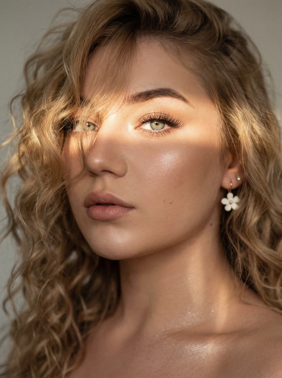 Кинематографический эффект с добавлением зерна. Ультрареалистичный, экстремально крупный портрет части лица девушки: на неё падает солнечный свет полосой, освещая глаза; её голова немного повёрнута в сторону. Тело подсвечено хайлайтером. Макияж лёгкий, с насыщенным хайлайтером; ресницы длинные, пышные. Она смотрит в камеру со спокойным, созерцательным выражением. Освещение мягкое, с лёгким акцентом на её лицо, создаёт нежные тени и подчёркивает черты. В ушах — серьги в виде белых цветов. Фон минималистичный и нейтральный, что усиливает спокойную и элегантную атмосферу. Фото смазанное, как будто сделано в движении, с двойной экспозицией.


Какая будет прическа?: Волосы кудрявые, частично падают на лицо.