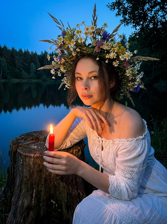 Ultra-realistic Ivan Kupala night atmosphere near a calm lake at twilight. Woman sitting beside an old tree stump near the water, body slightly leaning forward in a dreamy relaxed pose, one arm resting naturally over the knee, the other delicately holding a thin burning red candle beside another candle on the stump. White off-shoulder vintage peasant dress with lace details and soft fabric folds. Hair styling only: soft natural styling with loose face-framing strands. Large realistic wildflower crown made of chamomile flowers, meadow grass and white blossoms. Dark forest and calm lake behind, warm candlelight illuminating the face and hands, deep blue twilight shadows, mystical summer night mood. Shot on iPhone night mode, realistic low-light grain, lowered exposure, no flash, no blur, no bokeh, everything sharp and in focus.