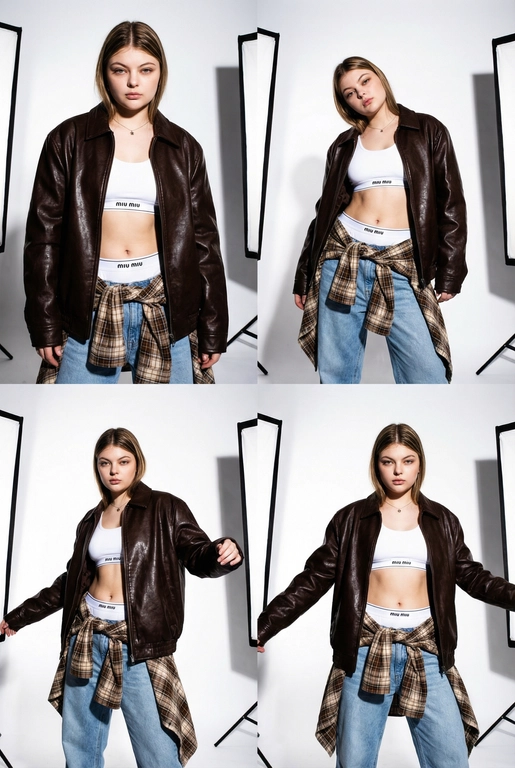  Коллаж из четырех фотографий женщины с загруженной фотографии лицо не изменять 100% сходство в стиле high-fashion и streetwear. Она позирует в студии с жестким направленным светом. На ней надет белый спортивный топ-бра и трусы-боксеры с логотипом на резинке (стиль Miu Miu), светлые голубые джинсы свободного кроя и объемная темно-коричневая кожаная куртка из глянцевой кожи. На талии повязана коричневая клетчатая рубашка в стиле гранж. 
Детализация для нейросети 
• Внешность и поза: Модель с выразительными чертами лица. Позы динамичные: взгляд в камеру, легкий наклон корпуса, руки в движении. 
• Одежда и текстуры: 
• Куртка: Оверсайз, темно-шоколадного цвета, с интенсивным виниловым или лакированным блеском. 
• Белье: Белый хлопковый трикотаж с минималистичным черным текстом по центру резинки. 
• Низ: Светло-голубой деним, классическая клетка «тартан» на рубашке (бежевый, коричневый, белый цвета). 
• Освещение и фон: Профессиональный студийный свет, создающий глубокие контрастные тени на белом фоне. Видны элементы студийного оборудования (стойка софтбокса) по краям кадра, что добавляет эстетику «backstage» или журнальной съемки. 
• Стиль съемки: Эстетика модных журналов 2000-х (Y2K) в современной интерпретации. Высокое разрешение, четкие текстуры кожи и ткани, эффект вспышки «в лоб».
3:4