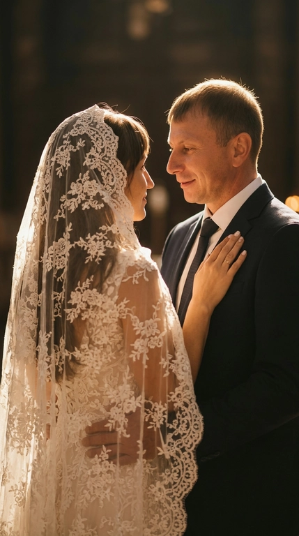 A realistic and believable shot of a couple.

Pose
The man and woman stand half-turned toward each other, creating a romantic and intimate moment. The man is on the left, softly gazing at the woman with a smile, his body slightly turned toward her. The woman stands with her back to the viewer, but has turned her head in profile to meet her partner's gaze. Her right hand rests gently on the man's chest, emphasizing the couple's closeness.

Angle
The photograph is taken from eye level, mid-ground (waist-length). The camera is positioned to focus on the couple's interaction and emotions, shifting slightly to the side to capture both their profiles.

Clothing
The man is wearing a classic dark suit with a white shirt and a dark tie. The woman is wearing an off-the-shoulder wedding dress with long lace sleeves. The dress is richly decorated with a floral lace pattern, which also extends to the long, flowing veil covering her head.

Lighting
This is the key element of the photograph.  A backlighting effect (light coming from behind the couple) is used, creating a bright golden outline (halo) around the silhouettes. The light is soft, warm, and diffused, highlighting the edges of the couple's hair and veil, giving the scene a fairytale-like, ethereal quality. The couple's faces are softly lit, with emphasis on their profiles.

Camera Effect
A shallow depth of field is used, blurring the background completely, focusing attention solely on the couple. A subtle glow (soft focus or bloom effect) softens the contours and adds a cinematic, dreamy feel to the image. Color grading is done in warm tones.

Background
The background is virtually indistinguishable due to the intense blurring and specific lighting. It can be assumed that this is a dark or subdued room, like a church, where the focus is solely on the glowing spot behind the couple.

Hairstyle
The woman's hair is partially hidden by the veil covering her head; the veil must remain on her head. DO NOT CHANGE THE FACIAL FEATURES; THEY SHOULD BE THE SAME AS THE REFERENCE PICTURE.