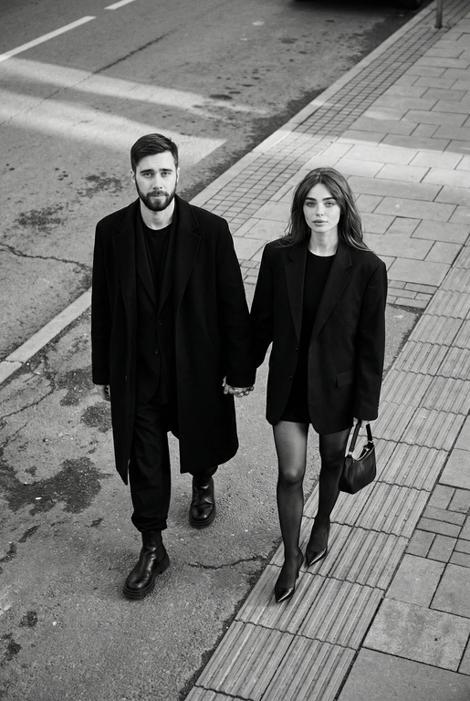 Черно-белая художественная фотография, ультрареализм, 8K, профессиональная съёмка; (оба): в кадре мужчина и женщина; каждый персонаж жёстко привязан к своему загруженному референсу, лица используются напрямую, без генерации, усреднения, подмены или смешения. Вид сверху под углом. Они идут по городской улице, держась за руки; шаг в движении, эффект «пойманного кадра». Смотрим вверх в камеру, выражение спокойное, уверенное, отстранённое.
Полностью чёрные образы modern classic: женщина — оверсайз-пиджак, короткое платье/юбка, плотные колготки, остроносые каблуки, маленькая сумка; мужчина — длинное пальто, свободный костюм, массивные ботинки.
Фон: асфальт, плитка, тактильная дорожка, геометрия.
Контрастный свет, мягкие тени, высокая детализация тканей.
Стиль: black & white, cinematic, high fashion, editorial, minimalism, street photography.
Качество: ultra high resolution, sharp focus, film grain, без ретуши.