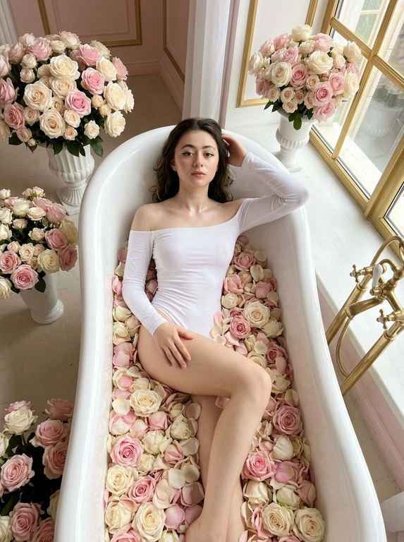 Фото с верхнего ракурса: женщина лежит и расслабляется в богато украшенной белой ванне, наполненной . Она смотрит прямо в объектив. Кожа выглядит ультрареалистично и естественно — детально передана. Макияж — чёткие чёрные стрелки, аккуратные брови и розовые румяна, блестящие губы и блестящая кожа. Хайлайтер создаёт «влажный эффект» на скулах, переносице и открытых ключицах. На ней белое боди с открытыми плечами и длинными рукавами. Одна рука согнута и заведена за голову, другая лежит на бедре. Видна согнутая в колене нога, подчёркивающая силуэт.
[Стиль и детали] Фотореалистичный стиль с мягким естественным солнечным светом, проникающим через большое окно с золотыми рамами справа и мягко освещающим сцену. Комната оформлена в классическом стиле. Пастельно-розовые, белые, золотые оттенки и мягкие тона кожи создают спокойную атмосферу.
—Ar 2:3 -style raw —v 6.0

Какие будут цветы?: Ванна наполненная розами. На полу и на подоконнике стоят белые роскошные винтажные вазы с огромными букетами роз