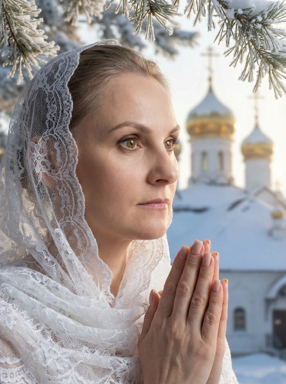   Создано с помощью сервиса Создать фото в режиме PRO

Промпт пользователя:
2. Создай портрет, не меняя черты лица. Черты лица в точь точь как на фото. Профессиональныймакияж и прическа. Фото референс, 8 к. Фотопортрет крупным планом молодой женщины в полу профиль, ладони сложены вместе в молитвенном или мирном жесте. На ней изысканный белый полупрозрачный  платок, покрывающий голову.  На заднем плане — размытый силуэт православного храма с золотыми куполами под заснеженными крышами. Зимнее утро, мягкий солнечный свет пробивается сквозь ветви ели, покрытые инеем. Высокая детализация кожи, текстуры кружева и снега. Атмосфера чистоты и духовности, гиперреализм, 8k.
Реалистичные текстуры зимней одежды и хвои в инее. Ногти нюдового оттенка, квадратной 