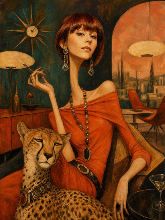 Use this photo. 

Выберите стиль: Surreal mid-century editorial illustration of an eccentric version of the person in the photo and a animal (an animal that matches my vibe) inside a stylish Location, elongated proportions, exaggerated narrow faces, deadpan expressions, oversized accessories, bizarre fashionable atmosphere, painterly brush textures, distorted anatomy, subtle lowbrow surrealism, sophisticated absurdity, vivid retro color palette, expressive oil-painted strokes, fashionablevintage clothing, dramatic