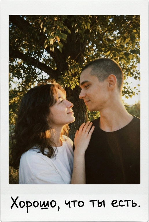 Портрет пары в мягком золотом вечернем свете, они влюбленно смотрят друг на друга у дерева, спокойный, тёплый, естественный. Ее рука у мужчины на плече. Фото оформлено в виде полароидного снимка: белые широкие поля, характерная матовая текстура, лёгкая виньетка, зернистость. На нижнем поле — короткая надпись маркером рукописным шрифтом. Текст на полароиде: Хорошо, что ты есть.