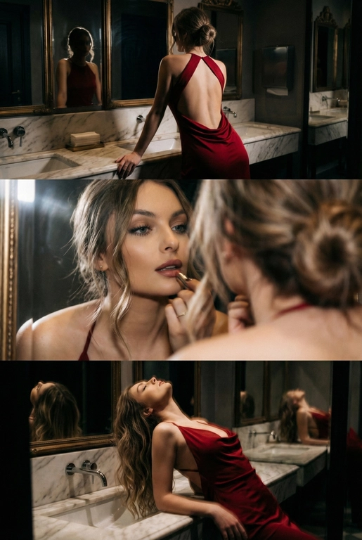 Создай не меняя черты лица. Экстремально реалистичный кинематографичный триптих, как живая серия фотографий из Instagram, снятая в зеркальном туалете дорогого ресторана. Вечер, интимная атмосфера, отражения в зеркалах, приглушённый свет, ощущение роскоши и ускользающего момента. Весь триптих объединён одним образом и единым настроением, с лёгким зерном, как будто кадры сняты в движении, естественно. В верхней части женщина стоит спиной облокотившись на раковину рукой, лицо в тени спина освещена, в отражениях зеркал видна её фигура, на ней одно и то же красное платье с открытой спиной, ткань струится и выглядит дорого, чувственно. Свет мягко скользит по плечам и линии спины, создавая глубокие тени и драматичный силуэт. В средней части экстремально близкий ракурс лица через зеркало, женщина смотрит на своё отражение и поправляет помаду, жест живой и естественный. Лицо частично в фокусе, частично слегка размыто, ощущение движения и дыхания кадра. Пышные ресницы, выразительный взгляд, блики света в зеркале, локоны из пучка падают на лицо, добавляя интимности. В нижней части девушка запрокинула голову и облокотилась о раковину, глаза закрыты, поза расслабленная, уязвимая, словно она на секунду выпала из шумного вечера. Платье то же самое, красное, ткань ловит приглушённый свет, усиливая глубину цвета и теней. Во всех кадрах приглушённое освещение, cinematic lighting, мягкие тени, отражения зеркал, лёгкое зерно и небольшой motion blur без резкой чёткости и глянца. Цвета глубокие, насыщенные, но сдержанные. Общий стиль ультрареализм, кинематографическая эстетика, эффект настоящего Instagram-триптиха, ощущение пойманного момента, живо, чувственно и очень реалистично, как кадры из личного архива.
Не меняй черты лица. Очень длинные изящные волнистые волосы, несколько локонов свободно падают на лицо и шею. 