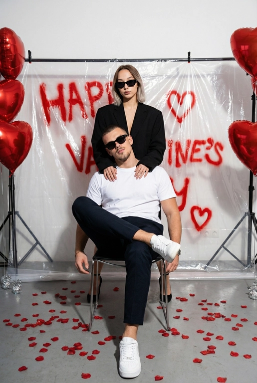 Фотореалистичная редакционная фотосессия пары ко Дню святого Валентина в студии. Фотозона как на референсе: белая студия с прозрачной плёнкой, натянутой на стойках. На плёнке — красные граффити-надписи "Happy Valentine's Day" и сердца в стиле спрей-арта, создающие дерзкий и контрастный фон. По бокам — студийные стойки и красные воздушные шары в форме сердца, на полу разбросаны красные лепестки роз. Атмосфера — современная, fashion, с лёгким арт-хаосом.

Поза и композиция: Крупный план до бедер, мужчина сидит на стуле по центру кадра в позе нога на ногу, уверенная расслабленная поза, его голова немного наклонена в сторону. Девушка стоит за ним, близко, её руки лежат на его плечах или слегка касаются шеи. Между парой ощущение близости и доминирующей, уверенной энергии девушки.
Одежда:
— Мужчина: белая футболка без принтов, тёмные брюки, белые кроссовки. Тёмные очки как fashion-акцент.
— Девушка: чёрный пиджак свободной посадки. Тёмные очки как fashion-акцент.
Выражения лиц: мужчина смотрит в камеру уверенно и спокойно. Девушка смотрит в камеру или слегка сверху вниз, с холодной, контролируемой эмоцией.
Свет: жёсткий студийный свет с акцентом на лица и текстуры, чёткие тени, высокий контраст.
Композиция: вертикальный кадр, пара по центру, фон полностью читается.
Стиль: фотореализм, модная редакционная съёмка, высокая детализация, современный fashion-editorial.