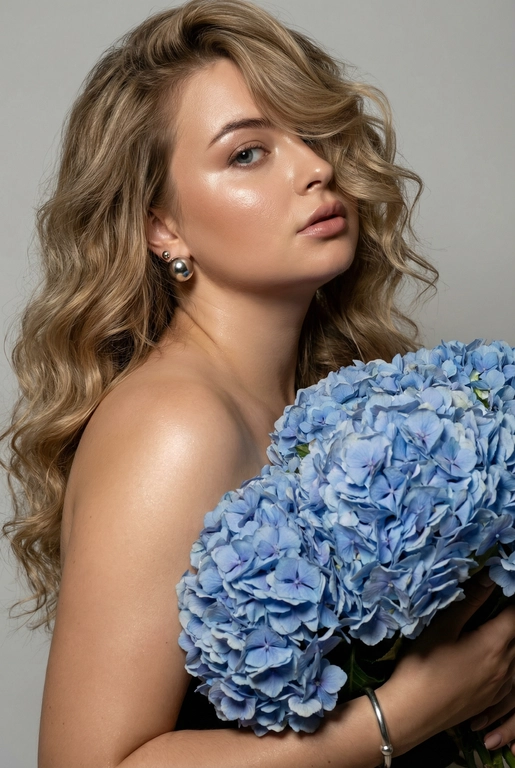 Создайте ультрареалистичный портрет, не меняя черты лица, крупным планом 3/4, с мягкой, освещённой кожей, атласной отделкой и естественным блеском, где женщина изображена в профиле. Спокойное и чувственное выражение лица, губы слегка полуоткрыты. Она носит серебряные серьги-шары и простой серебряный браслет на запястье, держит в руках огромный букет голубых гортензий.
Фон нейтральный, в светло-сером тоне, с тёмным, целенаправленным низким угловым освещением, которое подчёркивает контур лица, текстуру кожи и объём волос. Стиль редактирования — высокая мода, чёткий фокус 8K, реалистичная текстура, изысканная и элегантная атмосфера.
 Длинные волнистые волосы покрывают часть лица объёмными локонами, выпадающими на лицо и плечо. 