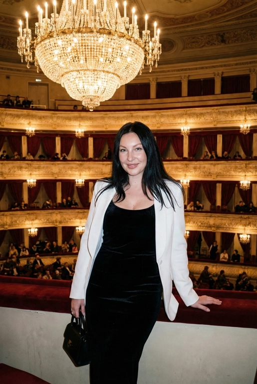 Я стою в ложе Большого театра, на рядов лож и большой хрустальной люстры. В ложах сидят люди, висят красные бархатные занавески. Камера на уровне глаз.  Съёмка выглядит как фото, сделанное на iPhone: естественный свет, лёгкое зерно, минимальная обработка, живой момент без позирования. Взгляд в камеру, легкая улыбка. Голова немного наклонена вбок. Волосы сияют, макияж естественный, губы глянцевые. Одна рука лежит на бортике ложа, во второй - маленькая черная сумочка. Приглушенный свет. На мне чёрное бархатное вечернее платье без рукавов по фигуре и белый жакет в стиле кутюр