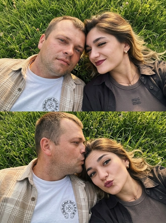 Дорогой lifestyle момент, снят случайно, как сторис без каких либо табличек. Не меняя внешности людей с фото, создай коллаж вертикальный из двух фотографий, на изображении запечатлены мужчина и  женщина, лежащие на зелёной траве в тёплом солнечном свете, которые занимают центральное пространство кадра. Их головы соприкасаются, создавая ощущение близости и естественной связи между ними. Мужчина повернут чуть больше к камере, его тело частично скрыто, но видна верхняя часть одежды — белая футболка chrome hearts под открытой бежевой клетчатой рубашкой из тонкой ткани с мягкой текстурой с дизайнерскими потертостями. При этом отдельные волосы нежно подсвечены тёплыми солнечными лучами, которые создают мягкие тени на лице и подчёркивают спокойное, слегка задумчивое выражение глаз. Рядом с ним женщина, лежащая на траве в расслабленном положении, повернута немного в профиль, но лицо хорошо видно: кожа ровная и сияет в солнечном свете, здоровый блеск лица, который придаёт её облику мягкое, тёплое свечение и подчёркивает естественную красоту. Натуральный макияж подчёркивает её глаза с длинными ресницами, слегка румяные щеки, создавая эффект свежести и естественной красоты. женщина с ровным тоном кожи с эффектом влажного сияния,мягким контуринг скул, хайлайтером с влажным сиянием на скулах , кончике носа и спинке носа, уложенными ламинированием густыми бровями, ресницы пышные и густые нарощенные в лисьем эффекте. Она одета в рубашку тёмно коричневатого оттенка под рубашкой видно майку miu miu, ткань которой выглядит лёгкой и дышащей, с воротником, чуть приоткрытым у шеи, обрамлённой тонкой цепочкой-ожерельем. Лицо женщины выражает игривость и лёгкую шутливость — в первой части фото она слегка прищуривает один глаз, а во второй поднимает брови без морщин и надутыми губами  будто целует камеру создаёт  выражение, передающее близость и дружелюбную лёгкость момента. Во втором фото мужчине целует её в голову. Каждая черта их лиц сохранена в естественном виде, без искажений, подчёркивая их индивидуальность. Фон из травы добавляет чувству покоя и гармонии, мягко размываясь за ними и создавая глубину кадра. Атмосфера сложена из теплого солнечного света, который падает с верхнего угла, мягко освещая персонажей и отбрасывая деликатные тени, что придаёт сцене естественную и живую кинематографическую теплоту. Композиция кадра гармонична и равновесна, подчёркивая естественную связь и дружественную атмосферу между двумя героями, фотореалистичное изображение, высокая текстурная детализация, высокое качество, разрешение 8K.
Строго лежат головами на траве.Фотореализм, фото снято на iPhone 16 pro max, нет идеальной симметрии, видно текстуру кожи, raw photo, пленочное зерно, нет «постановочного» ощущения, зернистость.