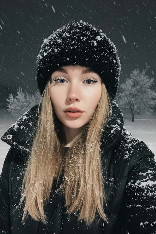 Селфи крупным планом, сделанное ночью на улице во время сильного снегопада. У женщины выразительные волосы и выразительные глаза, на ресницах и волосах которой лежат снежинки. На ней зимняя шапка из искусственного меха, почти полностью покрытая снегом, и пуховая куртка, припорошённая снегом на плечах и воротнике.
Освещение: мягкий холодный ночной свет сверху и немного спереди, создающий лёгкое свечение на щеках и лёгкие блики на куртке.
Поза: она держит камеру чуть ниже уровня глаз, уверенно снимая своё лицо снизу вверх; губы слегка приоткрыты, выражение лица спокойное, но выразительное. Фон: тёмное зимнее ночное небо, едва заметные ветви деревьев, слегка покрытые инеем, минимальная видимость для создания драматического настроения. Атмосфера: холодная, кинематографичная, с чистой зимней энергией; стильный современный снежный портрет с естественной текстурой и деталями. Шапка и куртка черного цвета.