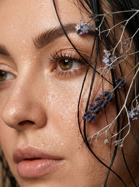   Hyperrealistic close-up macro portrait of a female face in semi-profile, the frame is focused on the eye area, bridge of the nose, and upper part of the cheek. Wet strands of hair lie disheveled on the face, partially covering the eye and cheek. Dry forget-me-not florets and Lavender (Dried, Dark Purple), and very dry, thin, branched light gray dried twigs are woven between the hair, arranged chaotically, creating a natural, wild, organic look. The cold shade of the dried flowers creates a strong contrast with the warm undertone of the face. The skin glows thanks to dense droplets of water and sweat, a realistic texture of pores, micro-shimmer, large and small droplets, and a natural healthy glow are visible.
​Makeup: the eye is accentuated with light bronze eyeshadows with a natural shimmer, the eyelashes are thick, long, naturally curved. The brow is thick, wide, natural in shape, without clear graphic definition. The lips are soft, natural, slightly wet, texture is visible, with a clear lip oil.
​The mood of the shot is dramatic, very intimate, and natural. The skin color is realistically radiant. The lighting is soft, natural, warm, emphasizing the moisture droplets and skin texture. The depth of field is minimal: sharpness on the lashes, droplets, and fine hairs, the background is completely blurred. The photo is done in the style of ultra-macro beauty photography, extreme close-up, hyper-detailed skin texture, realistic hairs, moisture visible down to the smallest drops. High level of detail, UHD, 8K, hyperrealistic, cinematic close-up.